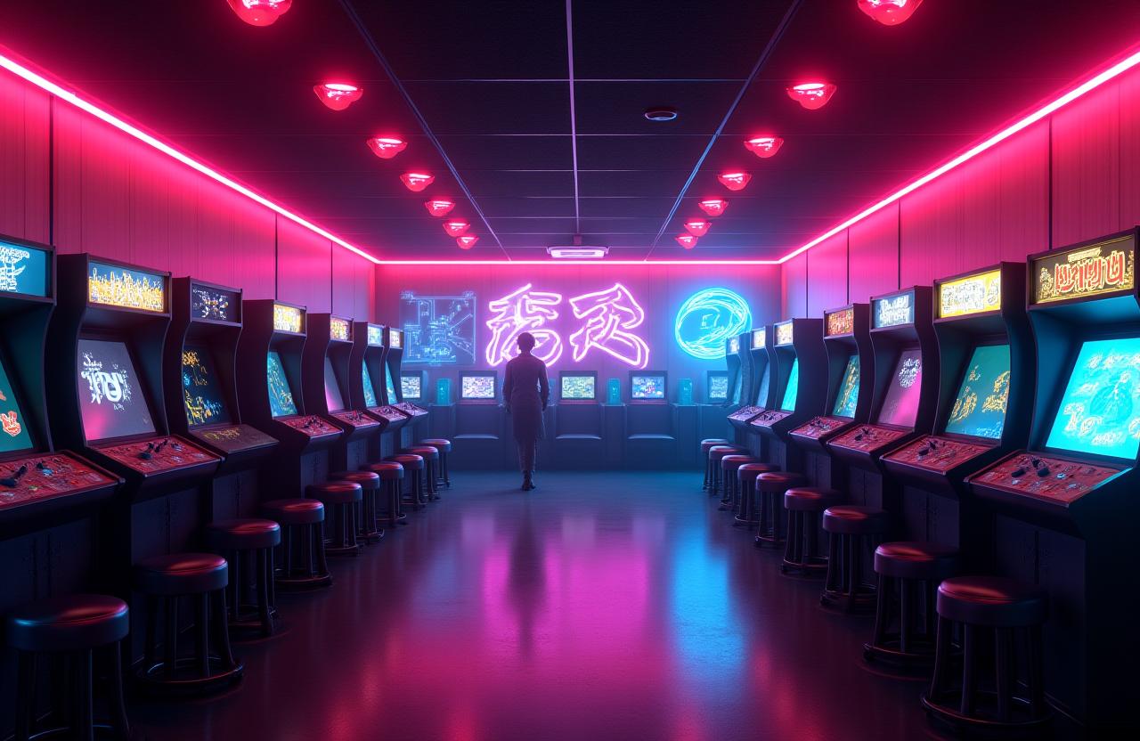 Keshigomu Guildのレトロゲームラウンジ内部、ネオンライトとアーケード機が並ぶ
