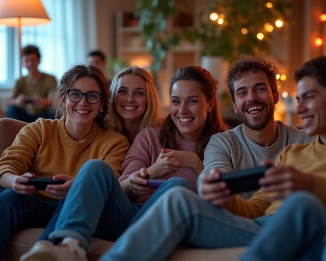 友人たちがソファで楽しそうにレトロゲームをプレイしている