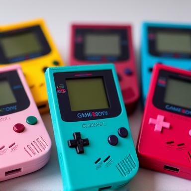 ショーケースに並べられた様々なカラーのゲームボーイ本体